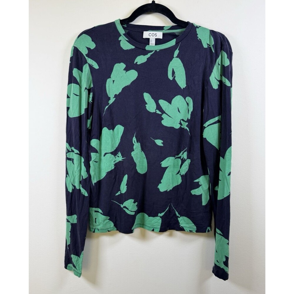 COS Womens Navy Green Floral Crew Neck Long Sleeve T-Shirt Size L